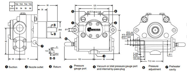 Dimensions of Suntec mazut pump model TA4
