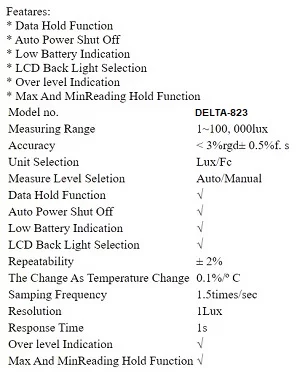 مشخصات فنی  نور سنج  دلتا کنترل DELTA-823