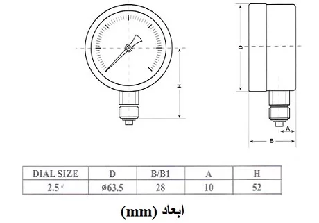 ابعاد مانومتر تی جی TG عمودی خشک صفحه 6 سانت