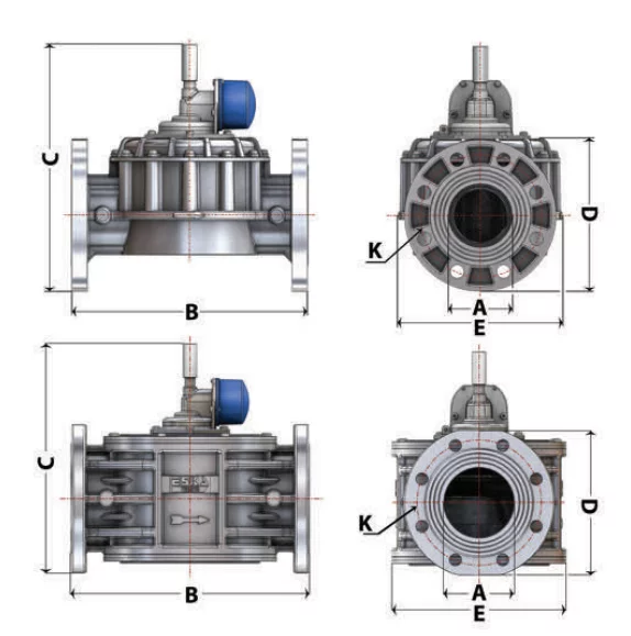 Dimensions of the earthquake sensitive valve Flange ESKA "3)