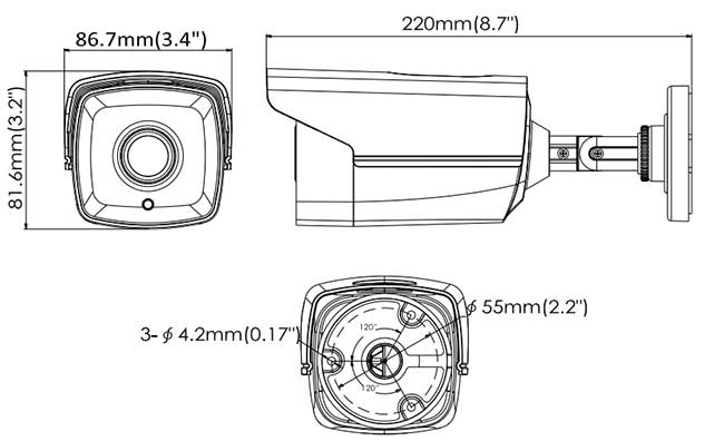 ابعاد دوربین مداربسته هایک ویژن مدل DS-2CE16D0T-IT3