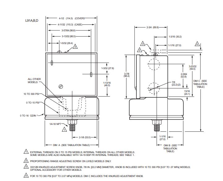 Honeywell gradual pressure switch L91B1068 -  dimensions