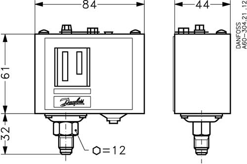 Dimensions of Danfoss Manual-reset Pressure Switch Model KP1