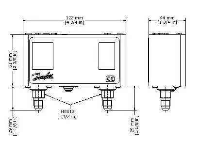 Dimensions od Danfoss Manual-reset Pressure Switch Model KP15