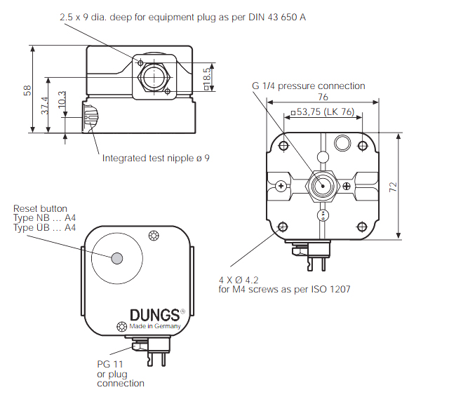 The dimensions of the air pressure switch of Dungs series GW A4