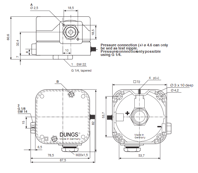Dimensions of air pressure switch Dungs LGW A2P series