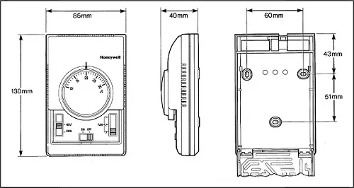 Honeywell Two-season three-cycle thermostat T6373 - dimwnsions