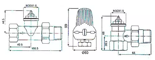 ابعاد شیر ترموستاتیک رادیاتور تکبان مدل TRV 2