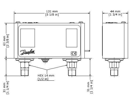 Dimensions of Danfoss pressure switch model KP44