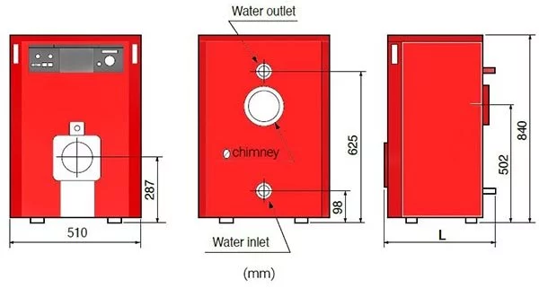 Side schematic picture of Chauffagekar Super 200 cast iron boiler 8-blade